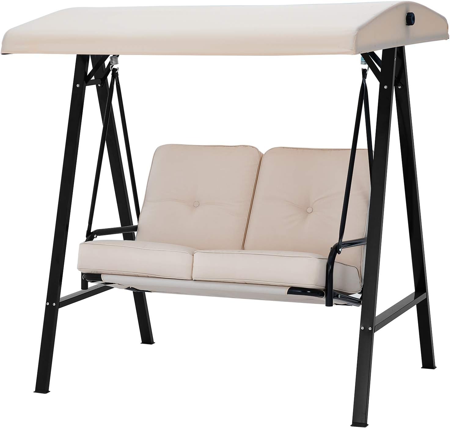 2 Seat Outdoor Patio Swing Chair for Adults, Porch Swings with Adjustable Canopy, Outside Swing Bench with Removable Cushion, Suitable for Backyard, Garden, Yard, Poolside, Balcony (Beige)