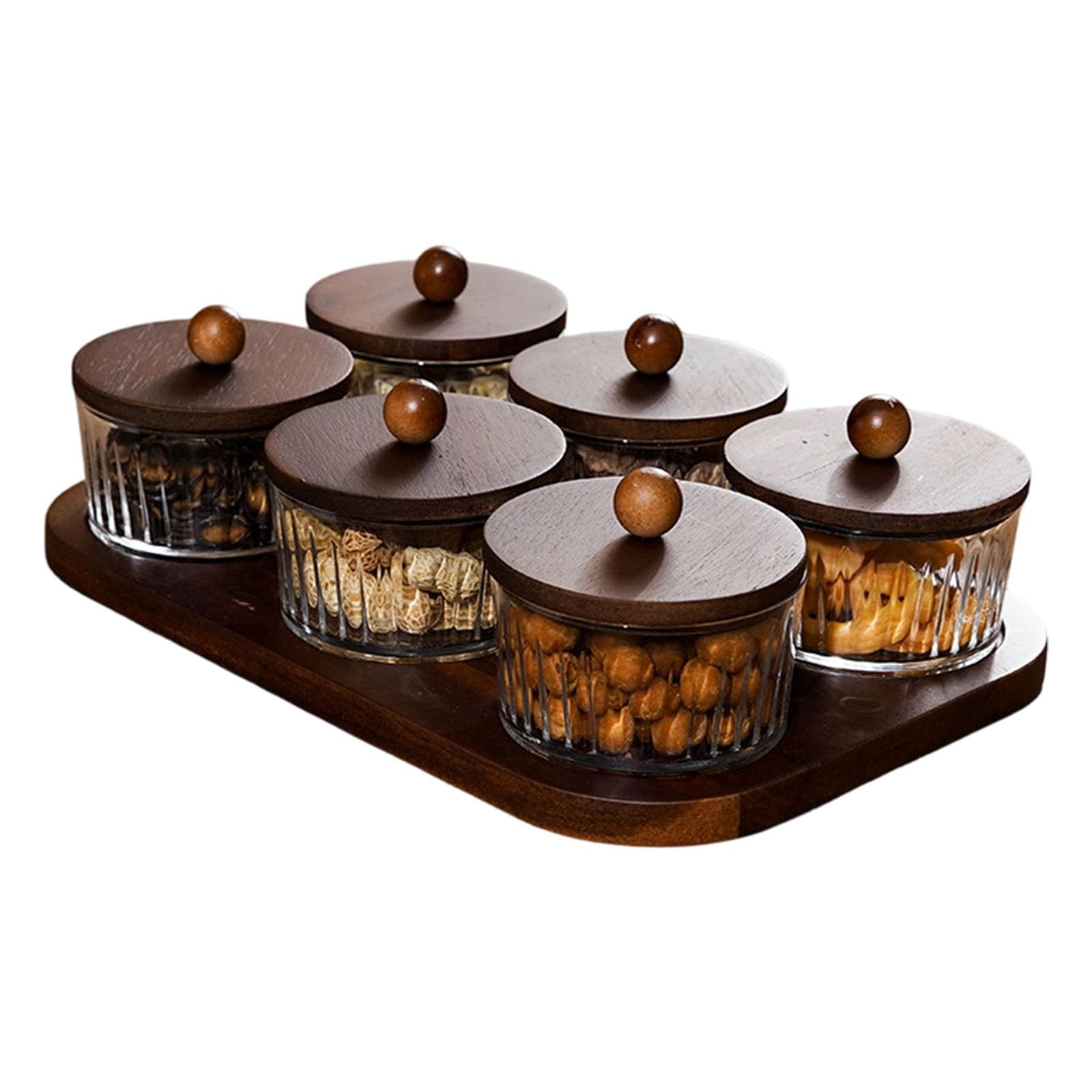 Elnwnnkc Glasses Bowl and Wooden Tray Set Nut Display Container for Snacks Fruits with 3 to 6 Compartments and Lid Option Flexible Entertaining Dishware
