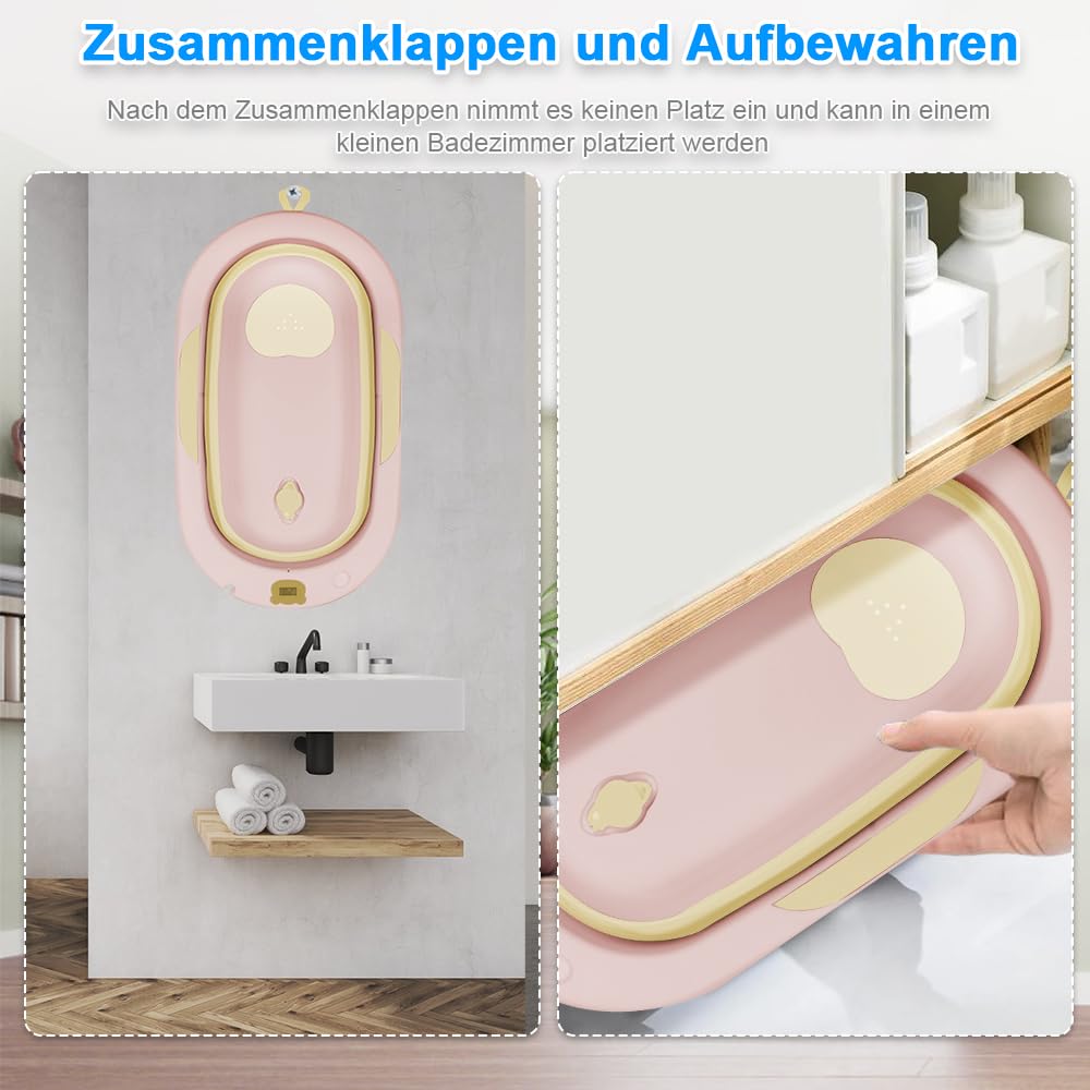 OHMG Vasca da bagno pieghevole per neonati con termometro digitale, Bebe Vasca da bagno e cuscino, la vasca da bagno per bambini adatta ai neonati, per regali di nascita dei tutti, 0-36 mesi