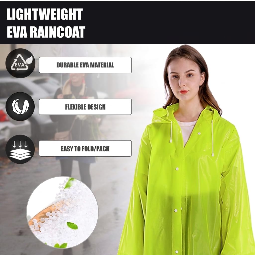 Hacer EVA Rain Poncho rain coat for Men & Women, Lightweight Waterproof Raincoat with Hood Adjustable Drawstring & Snap Button Closure Reusable Outdoor Rainwear for Boys & Girls (Free Size-Neon Green) 1