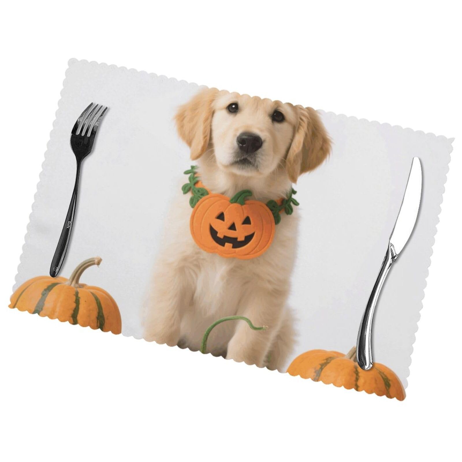 12x18 Inchplacemats Set of 6, Pumpkin Dog Place Mats for Kitchen Dinning, Heat Resistant Anti Slip Table Mats, Waterproof Washable Placemat for Indoor Outdoor Party Kitchen Dining Table Décor