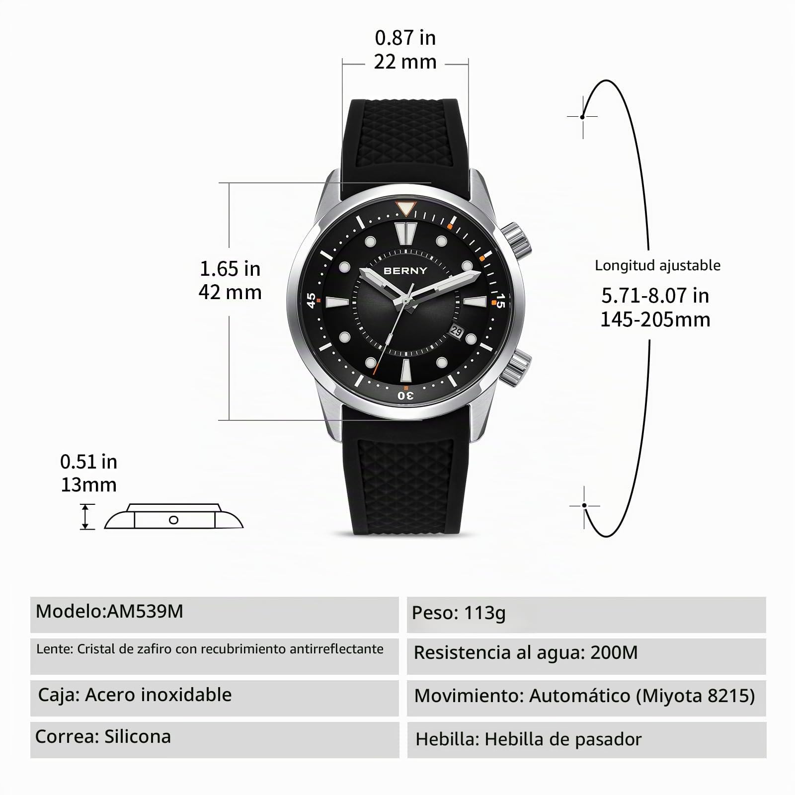 BERNY Relojes Mecánicos Automáticos Se Pulsera para Hombres Dive Relojes De Pulsera con Corona De Tornillo 20ATM Impermeable Hv600 Ddureza Correa De Silicona De Vidrio Zafiro Súper Luminosa