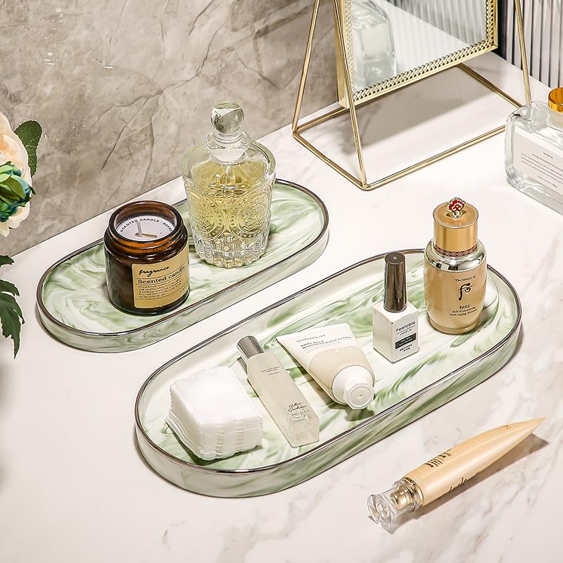 Redelaenor Bathroom Vanity Sink Storage Tray Marble Oval Tray for Dresser Key Jewelry Dish (Green Small)