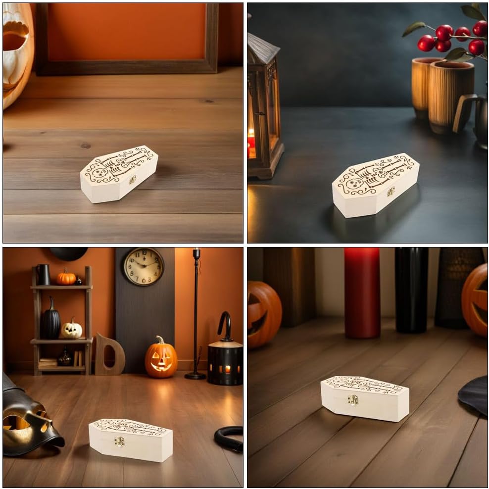 Halloween Wooden Coffin Treat Boxes Lids, 2pcs Beige Storage image 3