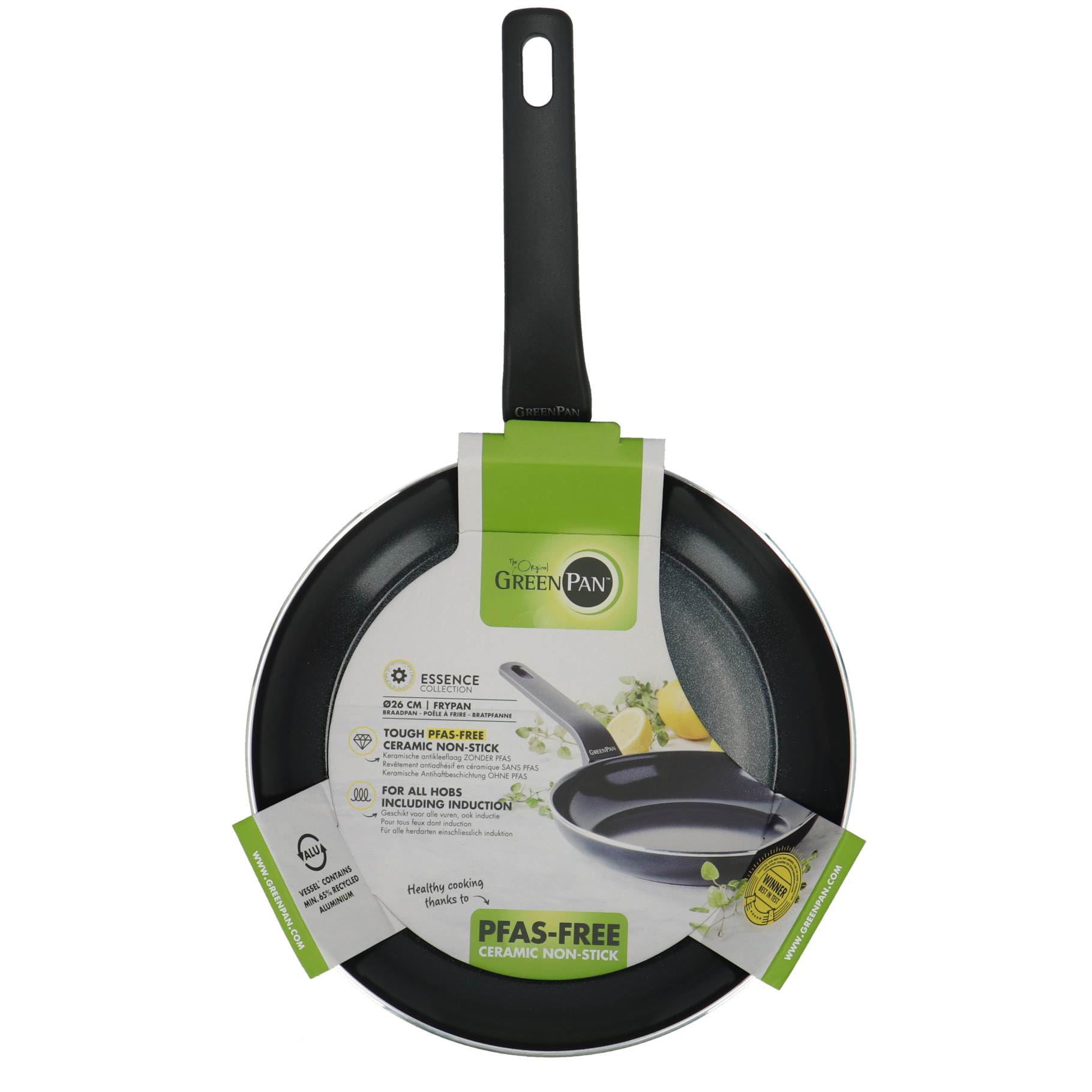 GreenPan Essence Bratpfanne 26 Cm, Keramik-Antihaftbeschichtung Ohne PFAS, Geschmiedetes Aluminium, Induktion, Backofenfest Bis 160 °C, Spülmaschinengeeignet, Schwarz