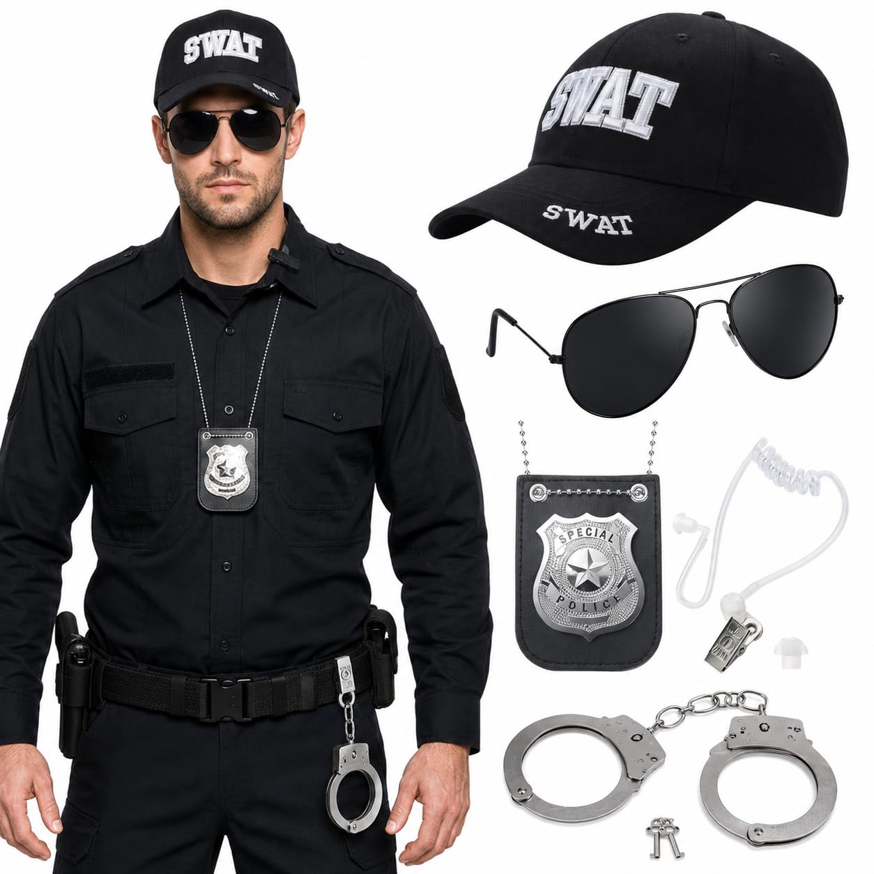 Police Costume Accessories Cop Hat Swat Set Men Halloween Cosplay