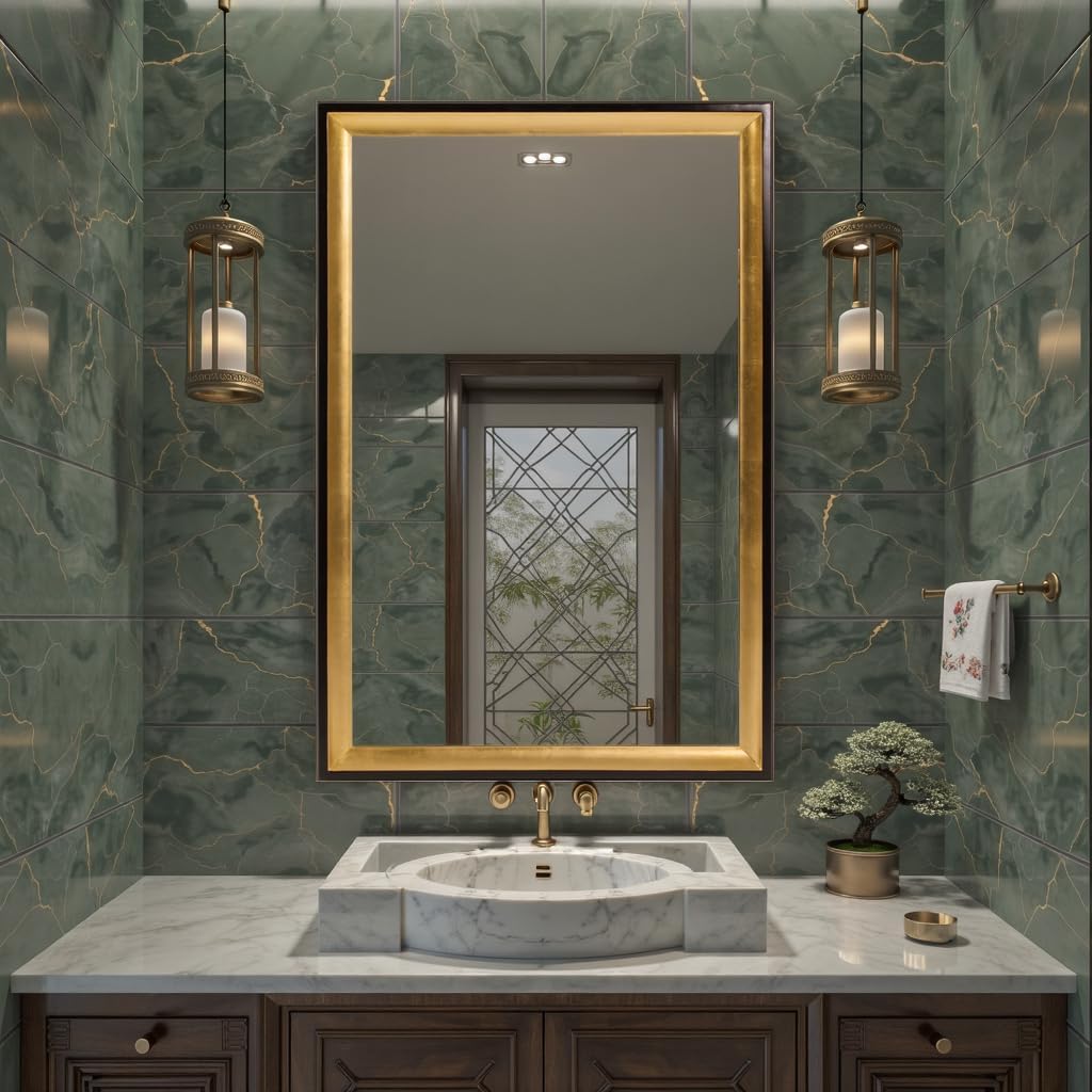 Howard Elliott Collection Cagney rectangular wall mirror with black and gold leaf finish, wall-mounted accent vanity mirror for living room, entryway, or bedroom décor, measuring 36 x 24 inches