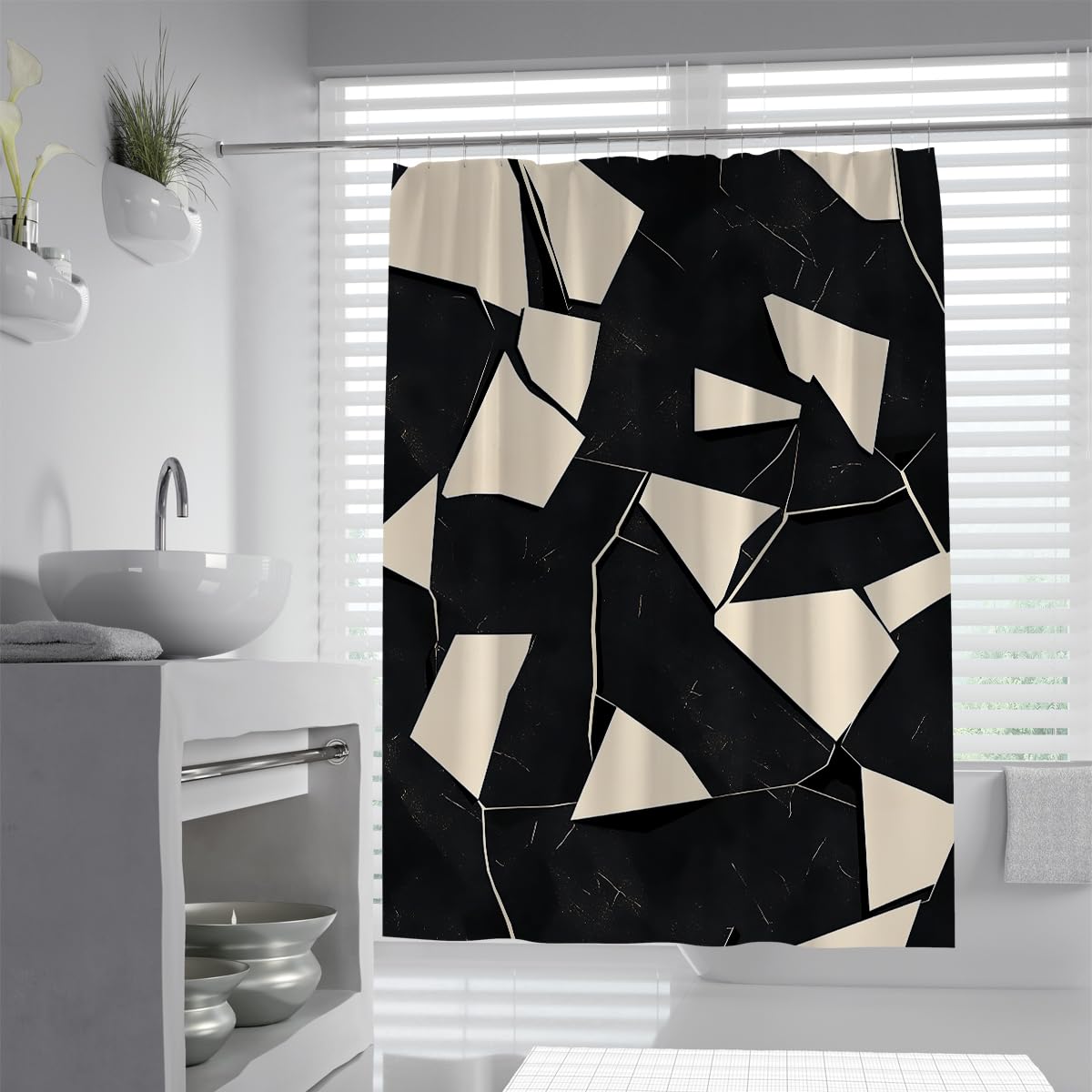 UIRINGART Contemporary Broken Marble Shower Curtain W100xL200cm Abstract Geometric Cracked Stone Shards Water Repellent Quick Dry Wet Room Bath Decoration With Hook