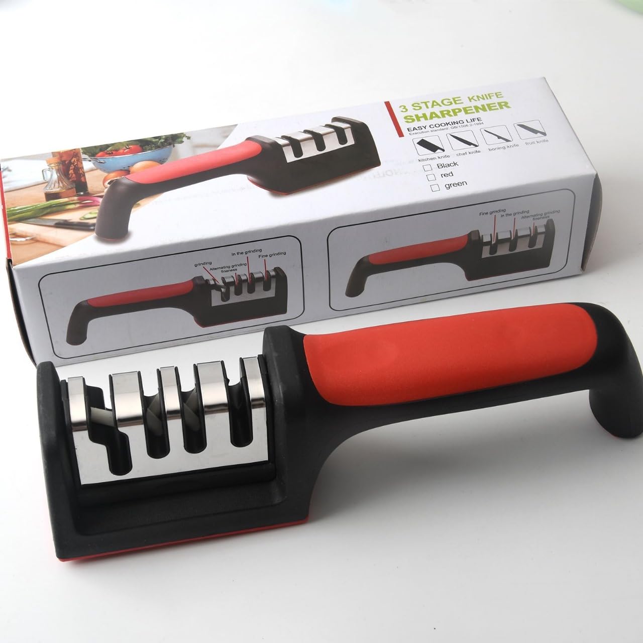 4-in-1 Knife Scissor Sharpener 3-Stage Manual System for Kitchen Knives Chef Serrated Blades Non-Slip Base Ergonomic Handle Safe