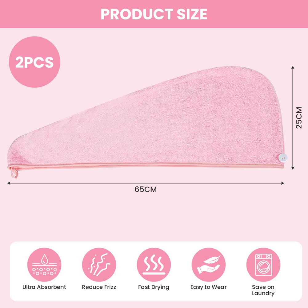 HOTUT Asciugamano Microfibra Capelli,2 Pezzi Asciugamano Capelli Turbante con Bottone,Morbido Assorbente, Turbante ad Asciugatura Rapida,Capelli Microfibra Urbana per Lunghi,Corti,Donne,Ragazze