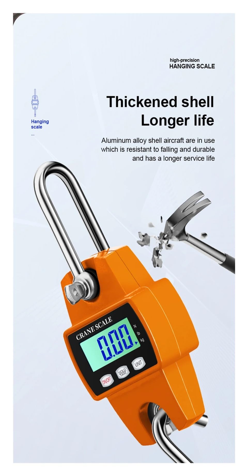 300 kg Precyzyjna waga dźwigowa, przenośna elektroniczna wisząca ze stali nierdzewnej, cyfrowa przemysłowa LCD Kg/Lb/N do budownictwa(Orange)