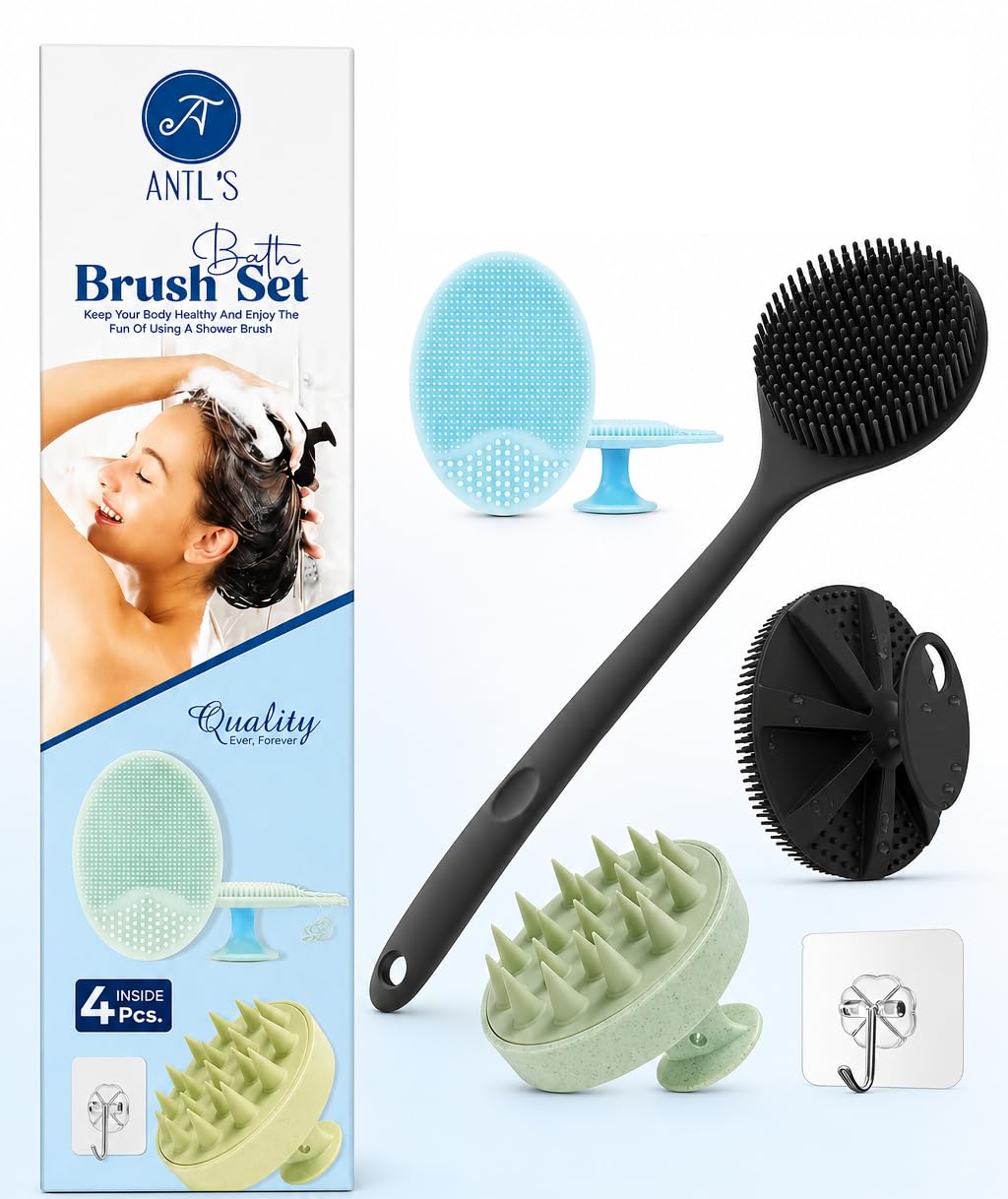 4-in-1 Soft Silicone Bath Brush Set | Long Handle Back Scrubber + Body Scrubber + Scalp Massager + Face Massager | Super Exfoliating & Lathering Shower Brush | BPA-Free | For Men & Women | With Free 3 Hook-picture-38