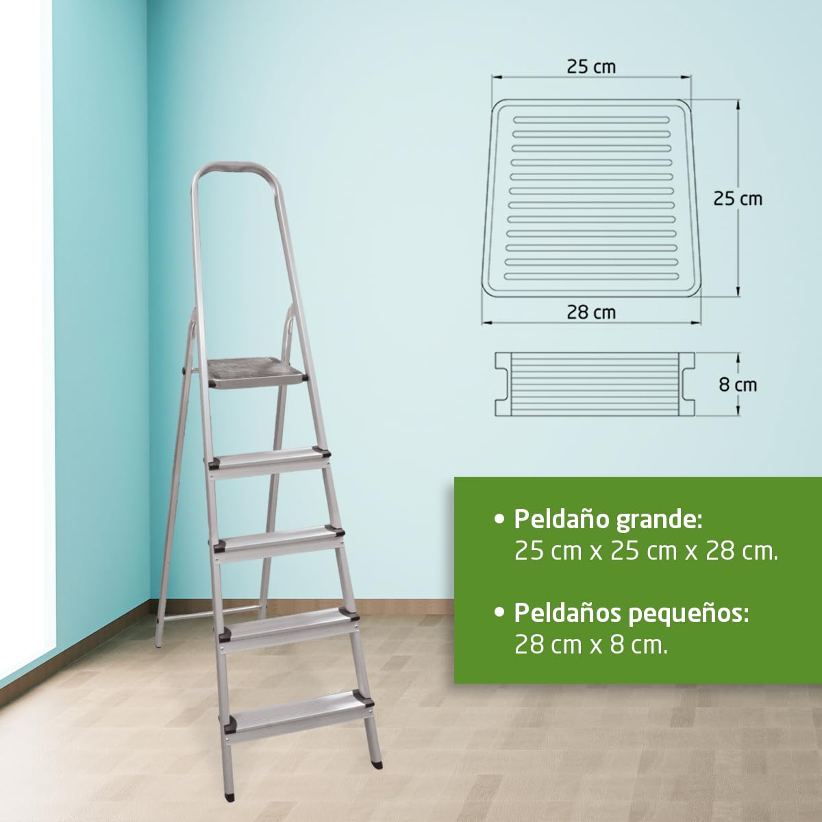Scaletta Pieghevole A 5 Gradini Antiscivolo – Portata 150 Kg, Altezza 152 Cm, Con Vassoio Magnetico E Manico In Spugna