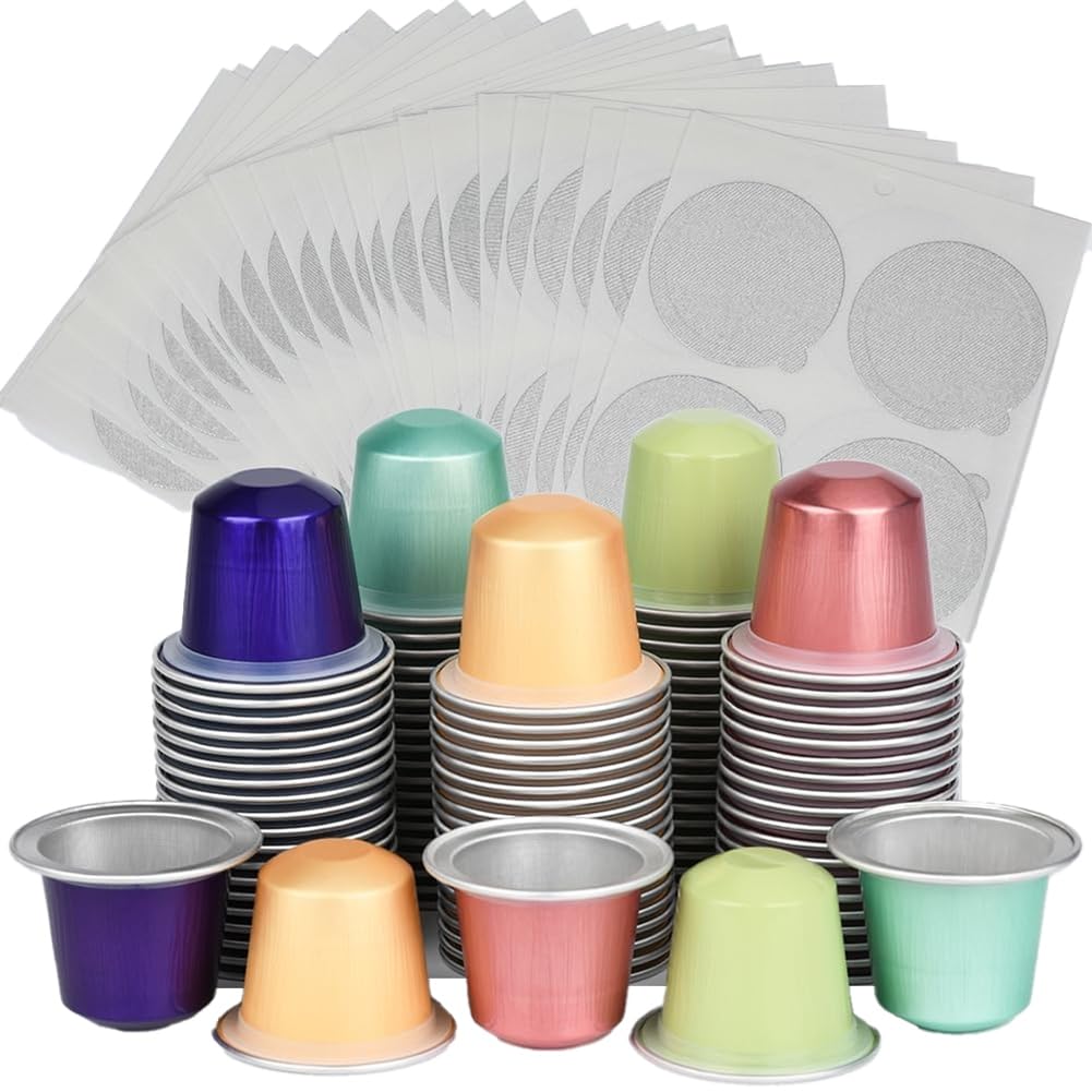CTRLZS Coffee Pod& Seal Sticker Lids Kit 100pcs Fillable Empty Aluminum Foil Capsules Set, Your Own Espresso Coffee Cups