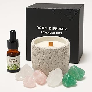 Gardenia Scented Candle Gift Set with Cement Jar, Wood Wick, Essential Oil & Aroma Stones - Reusable Candle Holder, Soy Wax, Artistic Concrete Jar, Advanced Gift Box for Home, Spa & Relaxation