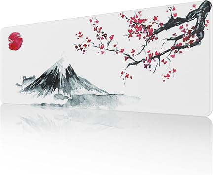 ETZ Japanese Cherry Blossom White Mouse Pad 31.5 11.8 0.12 inch Extended Large Mouse Mat Desk Pad, Stitched Edges Mousepad,Non-Slip Rubber Base,Gaming Mouse Pad XL,Office & Home.