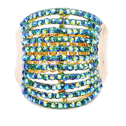 Lavencious 11 Rows With Crystals Stretch Rings Statement Rings Free Size 7 To 9 For Women (Gold + Green Ab Crystals) #TOP1