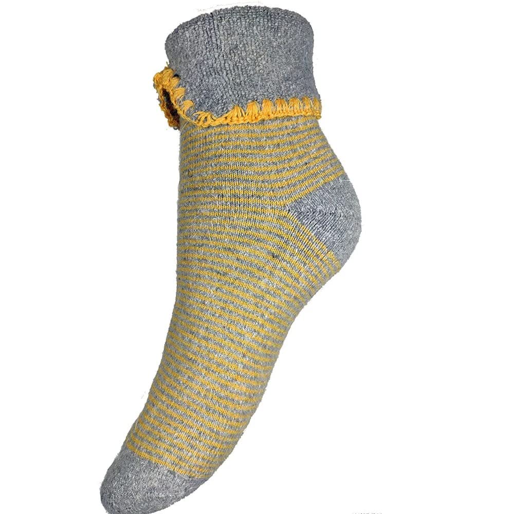 JOYA Luxurious Cuff Bed Wool Blend Socks UK 4-7 EU 36-40 Grey & Mustard Fine Stripe