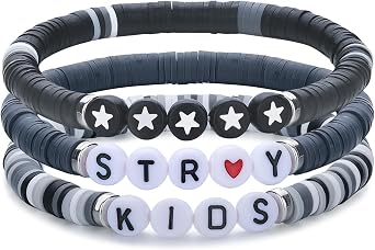 Soft Pottery Friendship Bracelet,3-Pcs Inspired K-POP Stray-Kids Bracelets Set,Black and Gray Letters Can be Stacked Jewelry, Fan Music Accessories