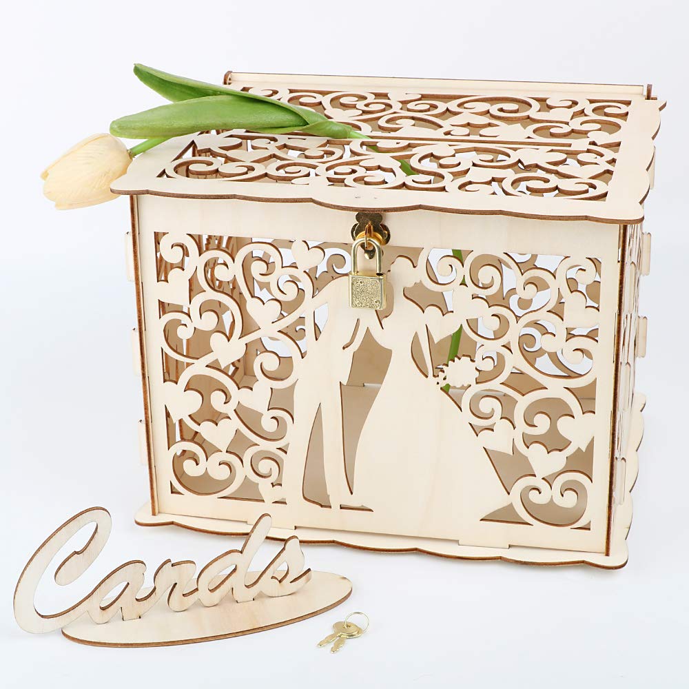 Scatola di Carte di Nozze in Legno Scatola per Biglietti di Nozze con Serratura per Matrimonio Ricevimento Anniversario Compleanno Baby Shower Laurea