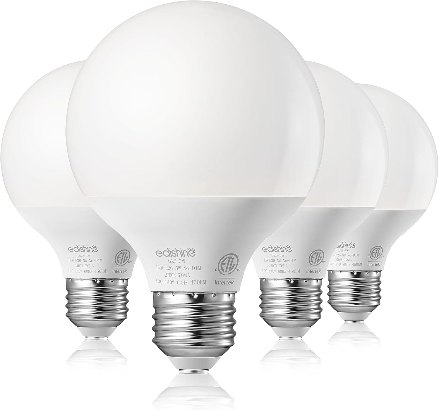 EDISHINE Vanity Light Bulbs, G25 LED Bathroom Light Bulbs, 25 Watt Equivalent Globe Light Bulb, CRI90+ 2700K Warm White 450LM, E26 Base, 4 Pack Non-dimmable, ETL Listed
