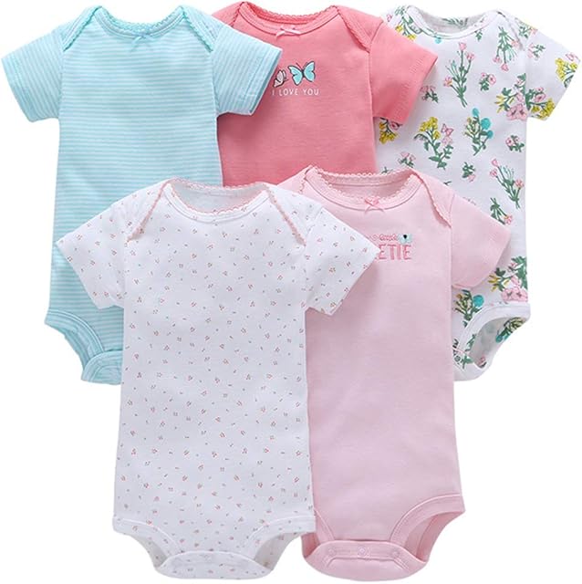 JiAmy Baby Girls Bodysuits 5-Pack Rompers Short Sleeve Toddler Sleepsuit Summer Cotton Infant Onesies Clothes, 3 - 6 Months, Butterfly