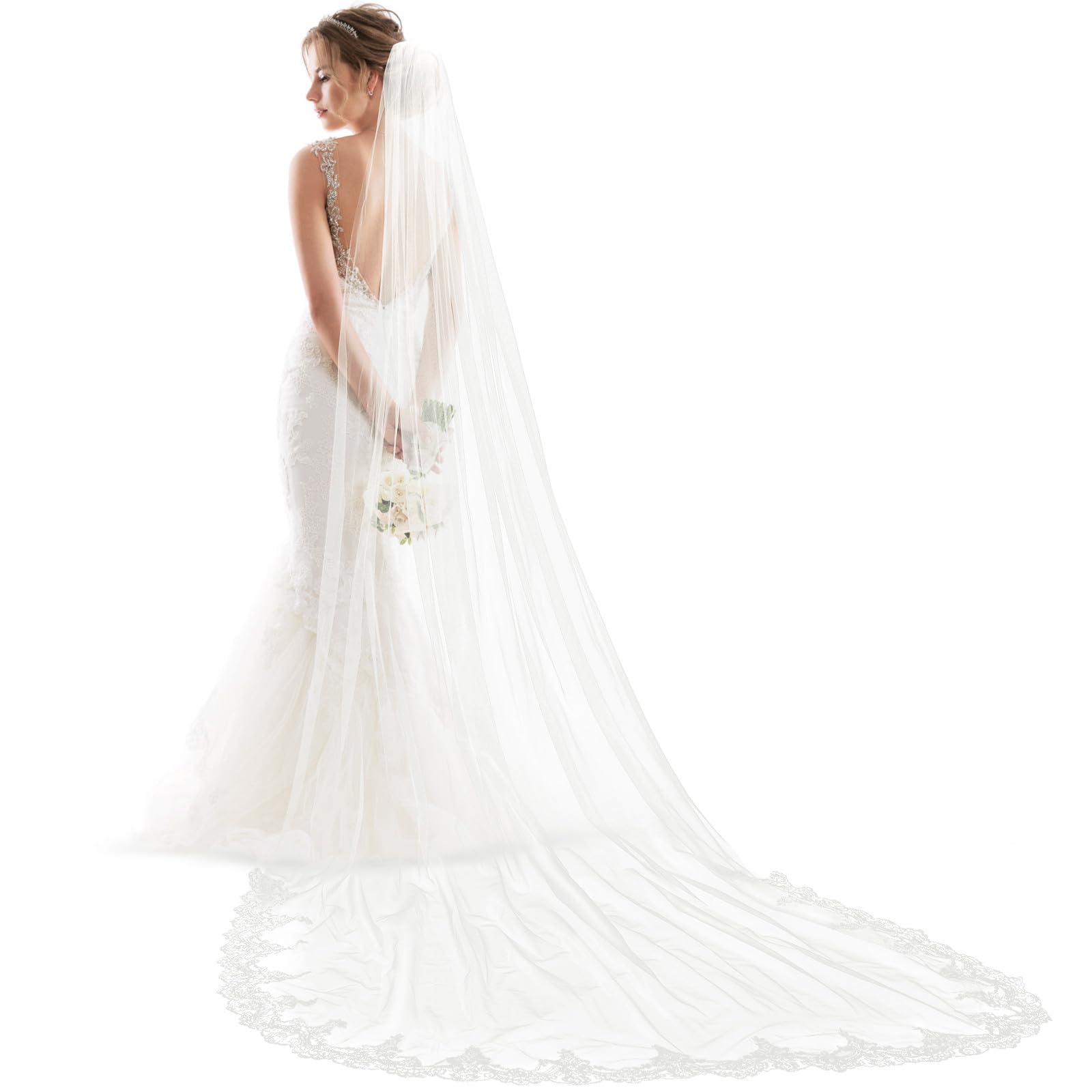 Velo de novia largo bridal piso con bordado de encaje de alta costura