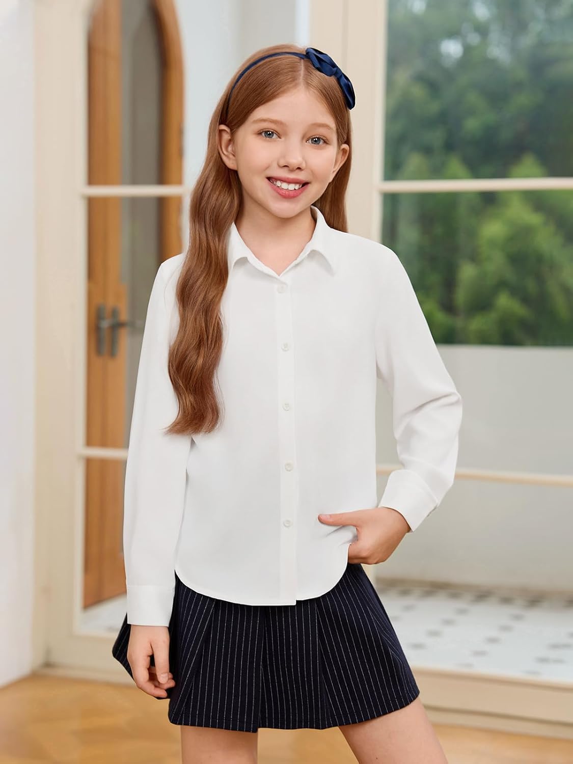 Haloumoning Girls Button Down Shirts Kids Long Sleeve Dress Shirts School Uniform Blouse 5-14 Years - Image 3