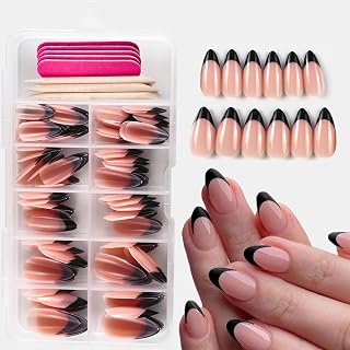 120 Pcs French Tip Press on Nails Almond Medium Fake Nails Black Tip False Nails Full Cover Acrylic Glue on Nails Reusable Soft Artificial Nails Stick on Nails for Women Manicure 12 Size