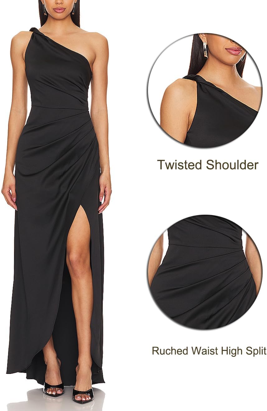 Capuffy Women's Sexy One Shoulder Long Formal Dress Ruched Waist High Split Cocktail Wedding Guest Party Maxi Dress 02 - Image 3