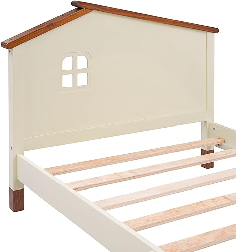 Miniatura 7 de LUMISOL Cama de plataforma de tamaño individual con cabecera en forma de casa marco de cama de madera para dormitorio de niños crema  nogal