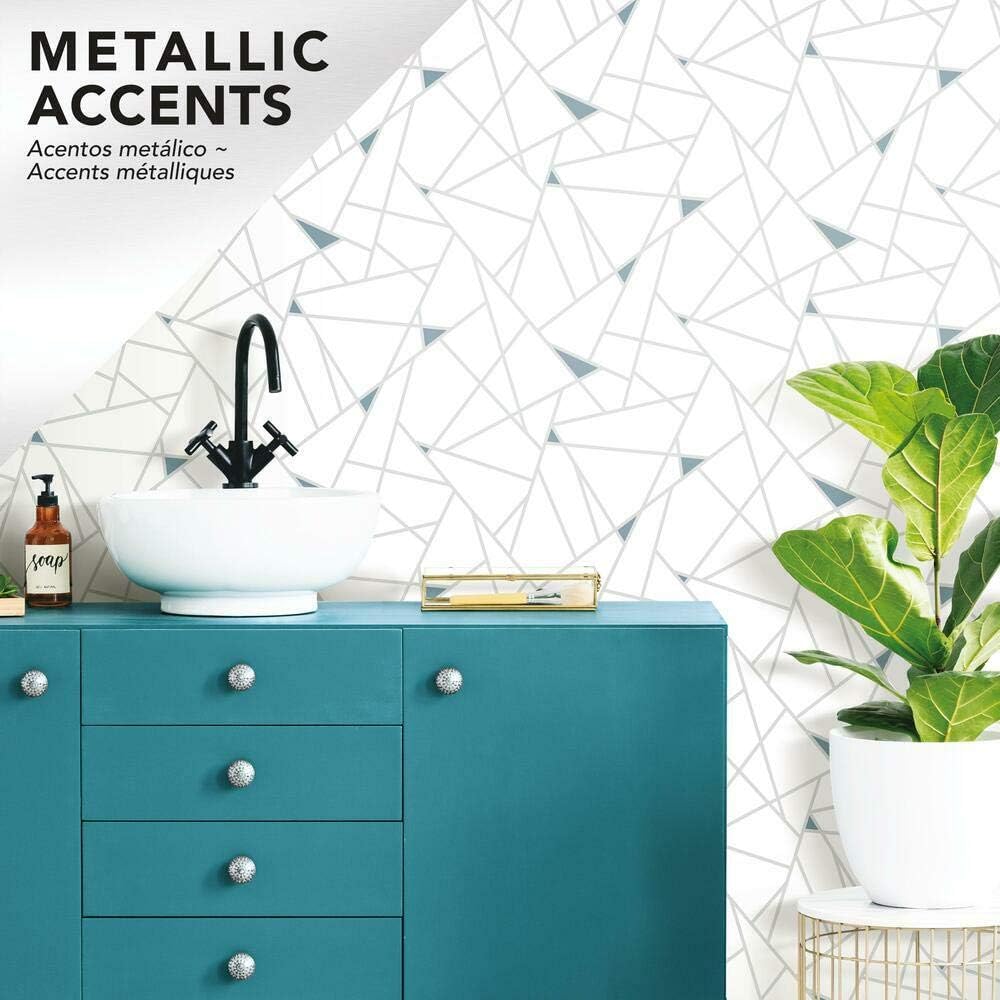 RoomMates RMK11269WP Teal and Metallic Silver Fracture Peel and Stick Wallpaper