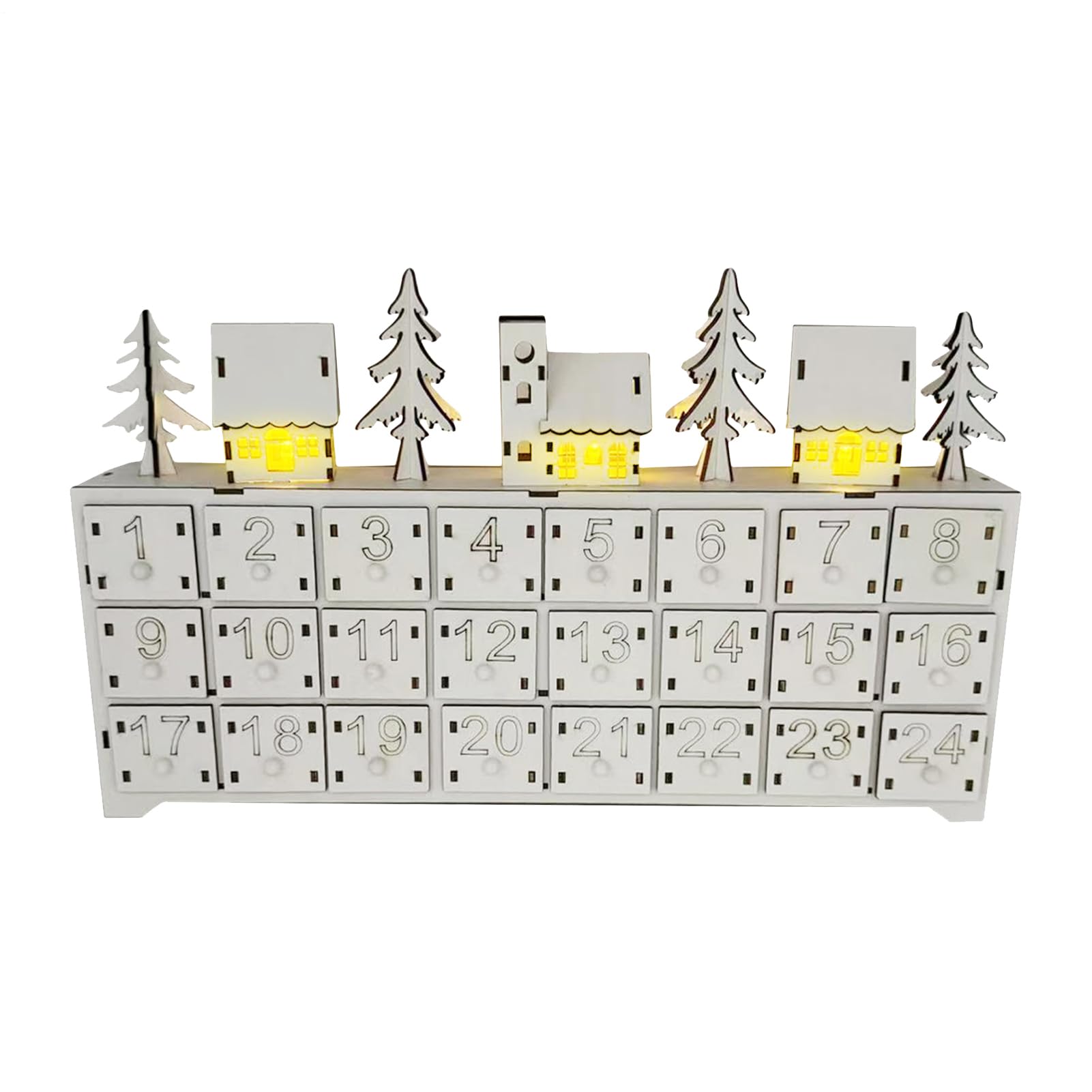 Calendario 'Avvento Natalizio in Legno Legno 24 Cassetti Avvento Countdown | Decorazione da Tavolo Segnatavolo Rustico in Legno con LED Riutilizzabile per Avvento
