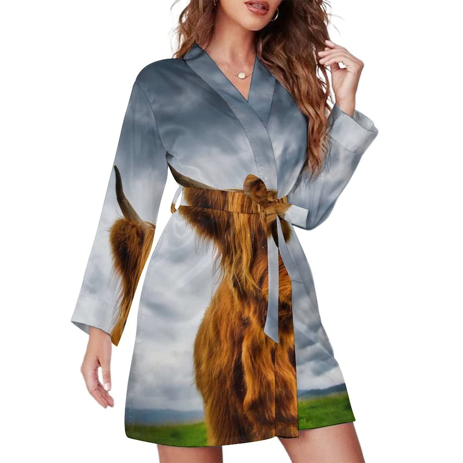 Highland Cow in The Scottish Highlands Women's Pajamas Long Sleeve Nightgown Sleepwear Bathrobe Short Robe For Home Spa Hotel XL