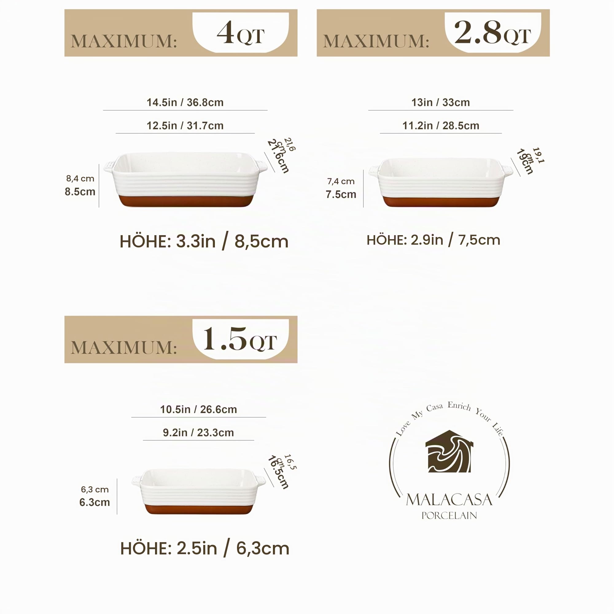 MALACASA, Serie TARA, Auflaufform Groß, 3er Set Lasagne Auflaufform aus Steingut & kratzfest | Backform für Lasagne, Tiramisu & Aufläufe in 3 Größen, Mikrowellengeeignet & Spülmaschinenfest