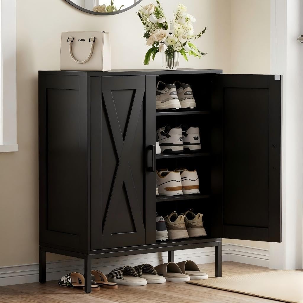 Homleke Farmhouse Shoe Cabinet with 2 Barn Doors & Metal Legs Homleke Farmhouse Shoe Cabinet with 2 Barn Doors & Metal Legs