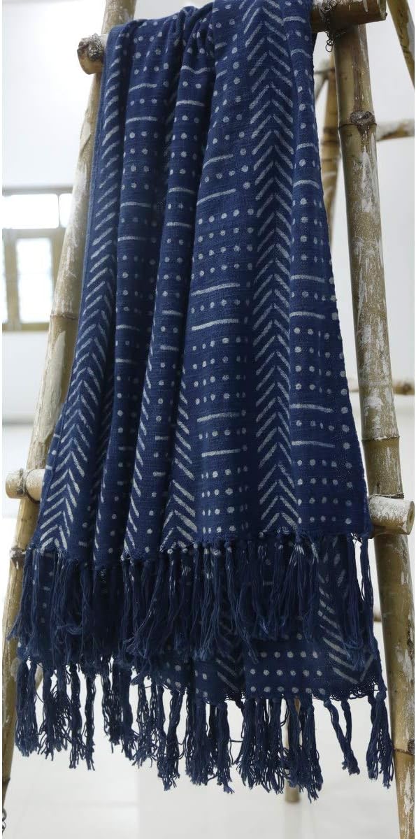 Trade Star Indigo Mudcloth Throw Blanket Pure Cotton Throw Blanket Indian for Home Decor Handloomed Ethnic Block Print Blanket with Tassels (Pattern 9)