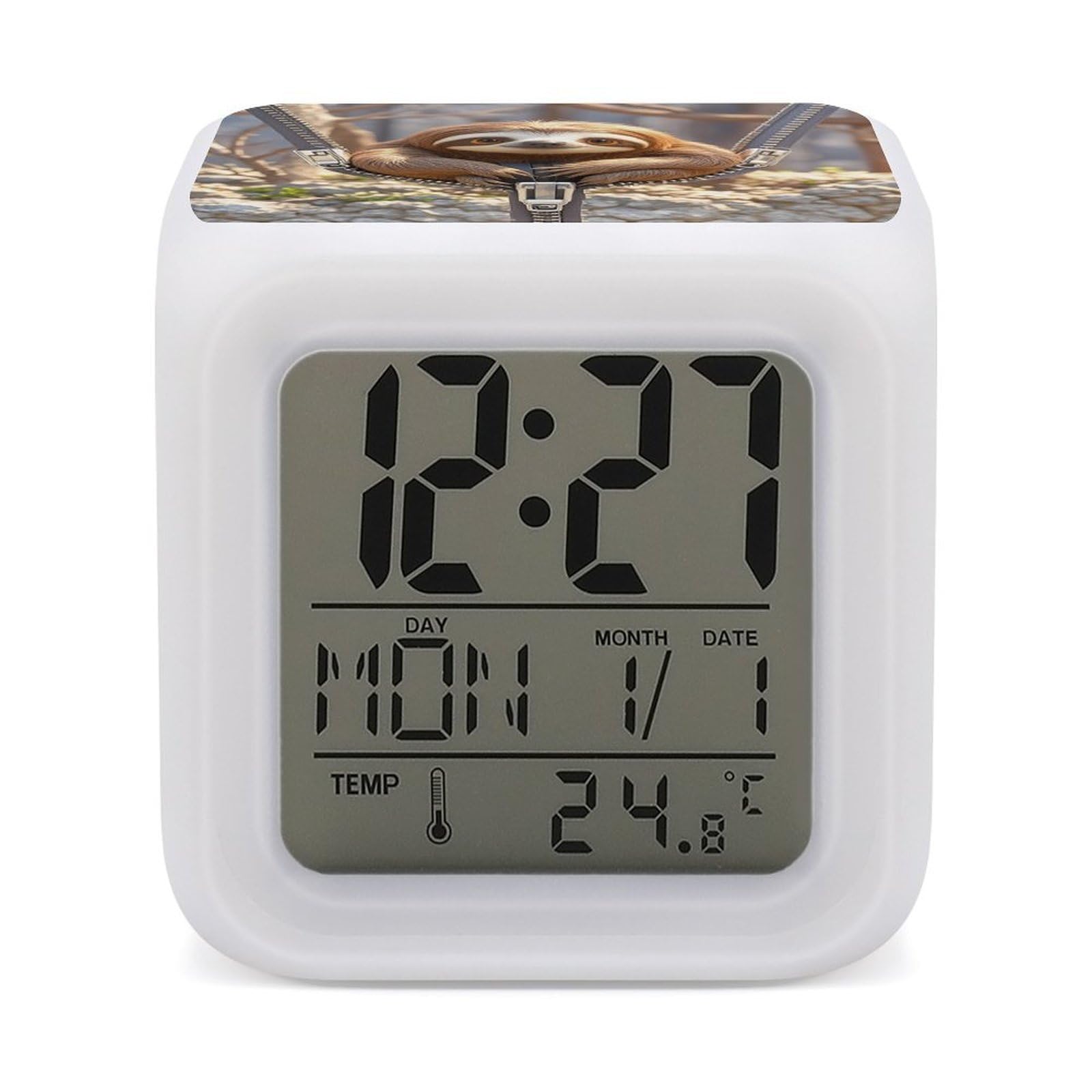 LZQPOEAS Sloth on Zipper Alarm Clock Desk Clock with 7 Color Changing Night Light Digital Clocks with Temperature Display Sleep Training and Sound Machine for Heavy Sleeper