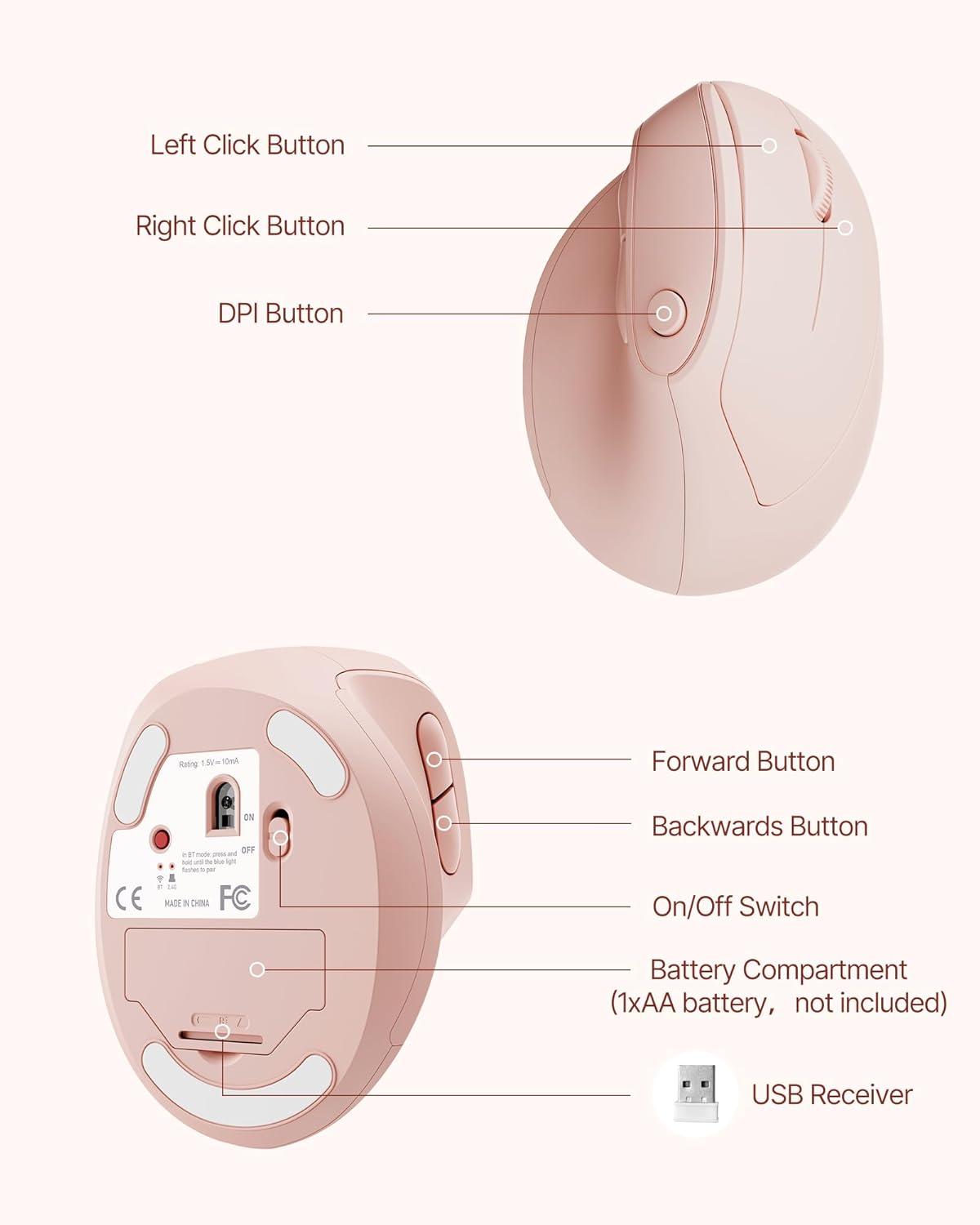 Ergonomic Mouse, USB+Bluetooth Dual Connection, Wireless Vertical Mouse for Reducing Wrist Pain, 1000/1600/2400 DPI, Ergo Mouse with Quiet Click for Windows Mac OS PC Computer Laptop, Pink