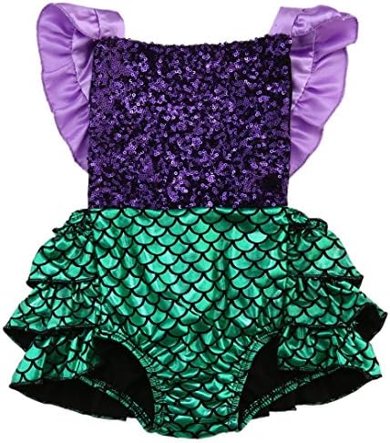One opening Baby Girl Sequins Mermaid Bodysuit Romper Jumpsuit Outfit Sunsuit Clothes (6-12 Months, Purple&Green)
