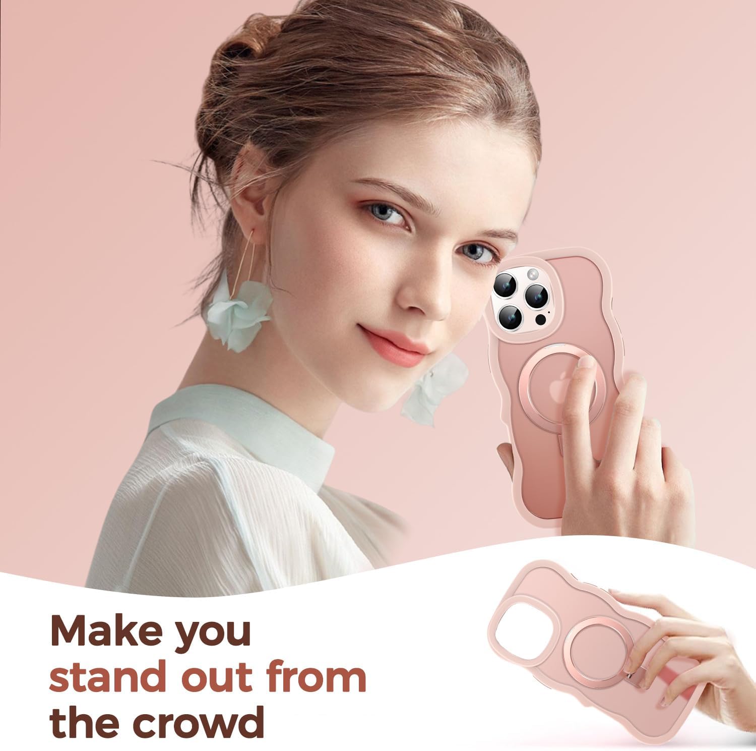 [Cute Wave Frame+Mag Stand] Designed for iPhone 16 Pro Max Case, [Fit for MagSafe] Translucent Silicone Protective Magnetic Ring Phone Case Cover for iPhone 16 Promax 6.9 inch Men Women, Pink - Image 9