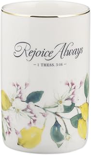 Christian Art Gifts Small White Ceramic Table Vase for Flowers & Plants: Rejoice Always Inspirational Scripture Home Décor, Kitchen, Bathroom, Living Room, Yellow Lemon, Green Leaves & Gold, 5" x 3.2"