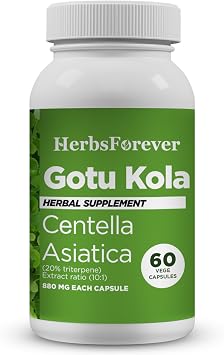 Herbsforever Gotu Kola Centella Asiatica-Extra Strength101 Extract Equiv. to 4300 mg Leaves & Plant Powder Per Serving Support Cognitive,Memory Focus,Calm,Skin |60Veg Capsules|800mg|Adaptogen