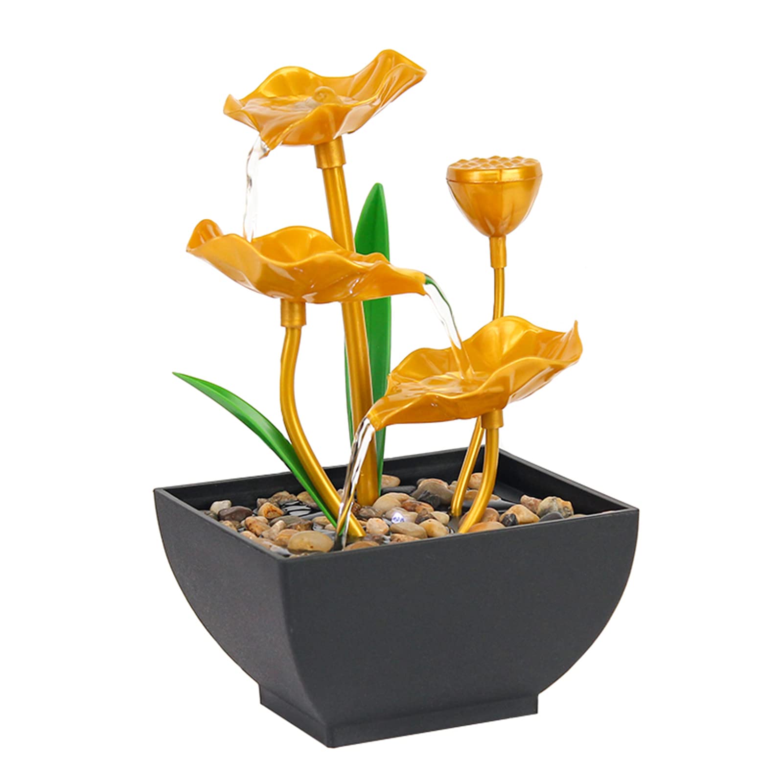 Tabletop Water Fountain, 3 Tier Lotus Leaf Tabletop Fountain with Natural River Rock LED Lights, Indoor Zen Relaxation for Office, Living Room, or Bedroom Décor (A)