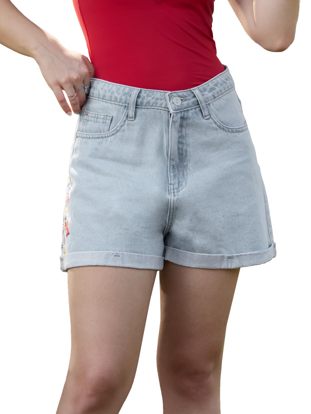 the souled store Denim Shorts: Koi Fish Women and Girls Buttoned Waistband Light Blue Embroidered Cotton Denim Regular Fit Lightweight All-Season Everyday Casual Shorts-picture-25