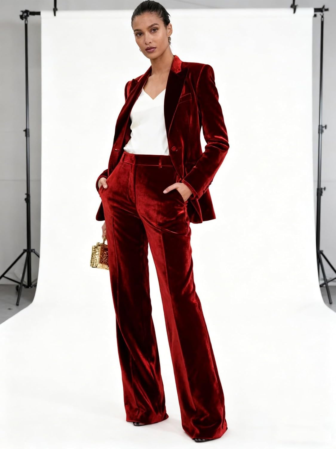 Women's 2 Piece Velvet Suit Notch Lapel Double Breasted Women Blazer Pants Pocketed Blazer Suits Work Outfits