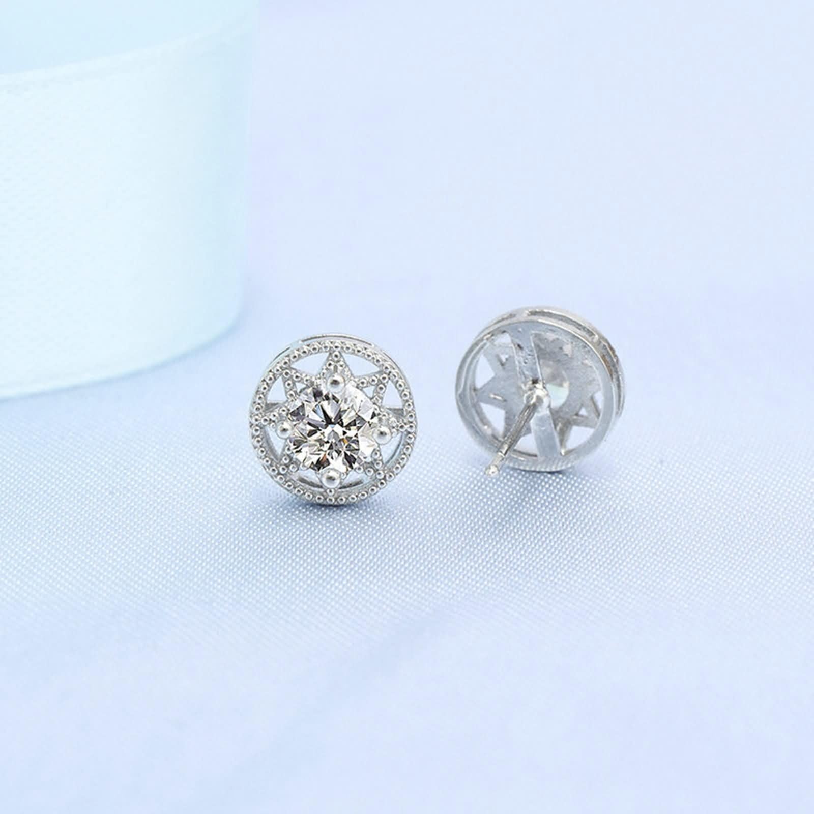 Pendientes de Oro Blanco para Mujer 9K / 14K / 18Kt, Redondo y Estrella con Moissanita, Pendientes Boda Plata para Mujer
