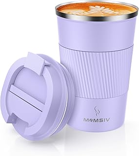 Momsiv Kubek termiczny, 380 ml, antypoślizgowy, kubek podróżny ze stali nierdzewnej, do kawy, z podwójnymi ściankami, izolacja próżniowa, szczelny kubek z pokrywką, do kawy na wynos, różowy
