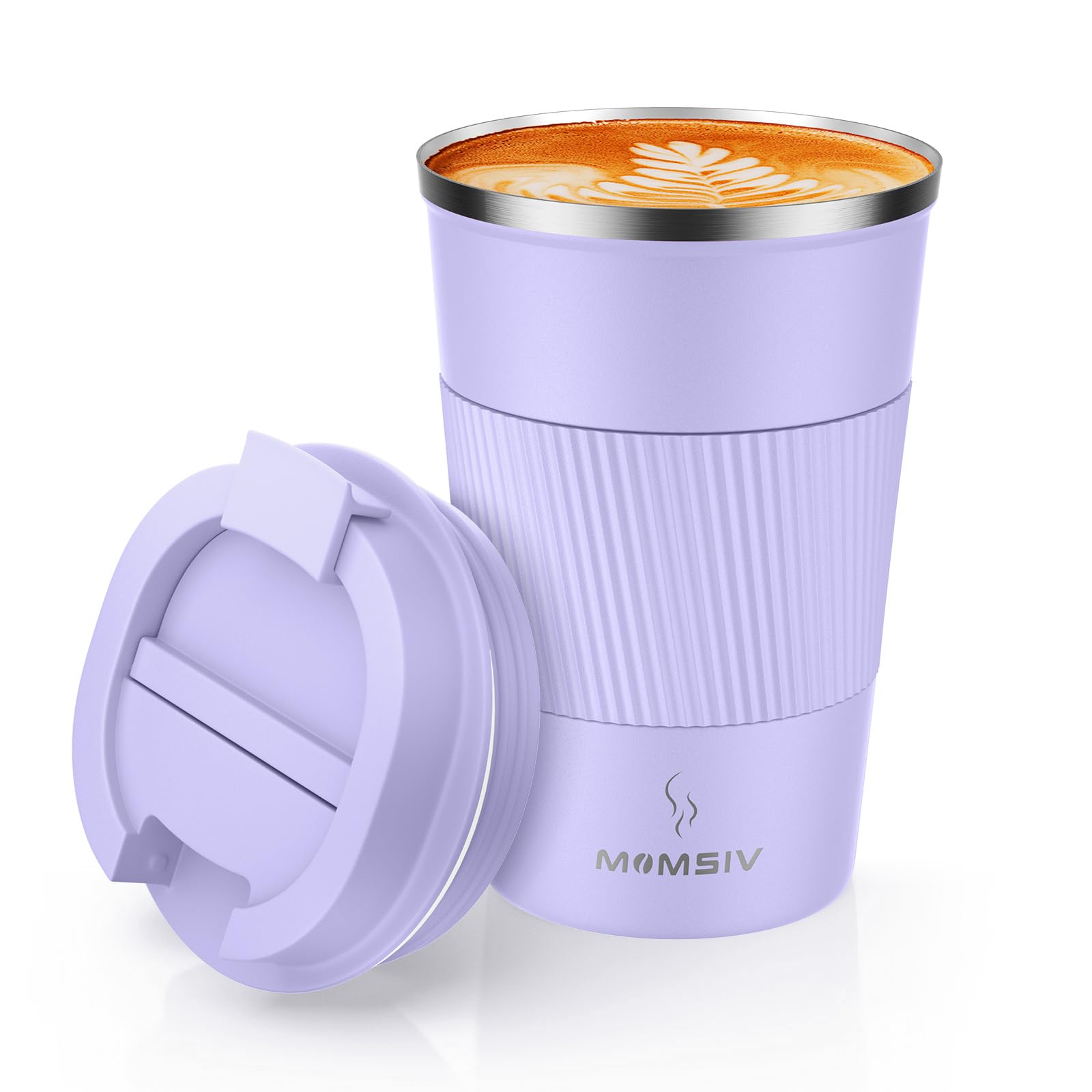 MOMSIV Thermobecher Isolierbecher, 13oz/380ml Rutschfest Edelstahl Travel Mug, Kaffeebecher aus Doppelwandig isoliert Vakuum auslaufsicher Reisebecher mit Deckel Kaffee-to-go Becher, Violett