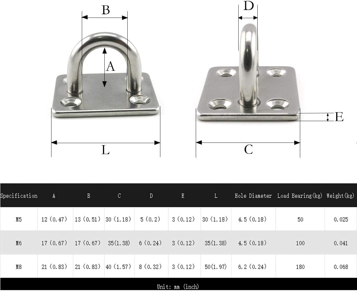 heyous 2 Set M8 Suspension Ceiling Wall Mount U Hook Anchor Hanger Stainless Steel Heavy Duty Multi Purpose Hammock Swing Ceiling Hook Square Base Plate with Snap Hook